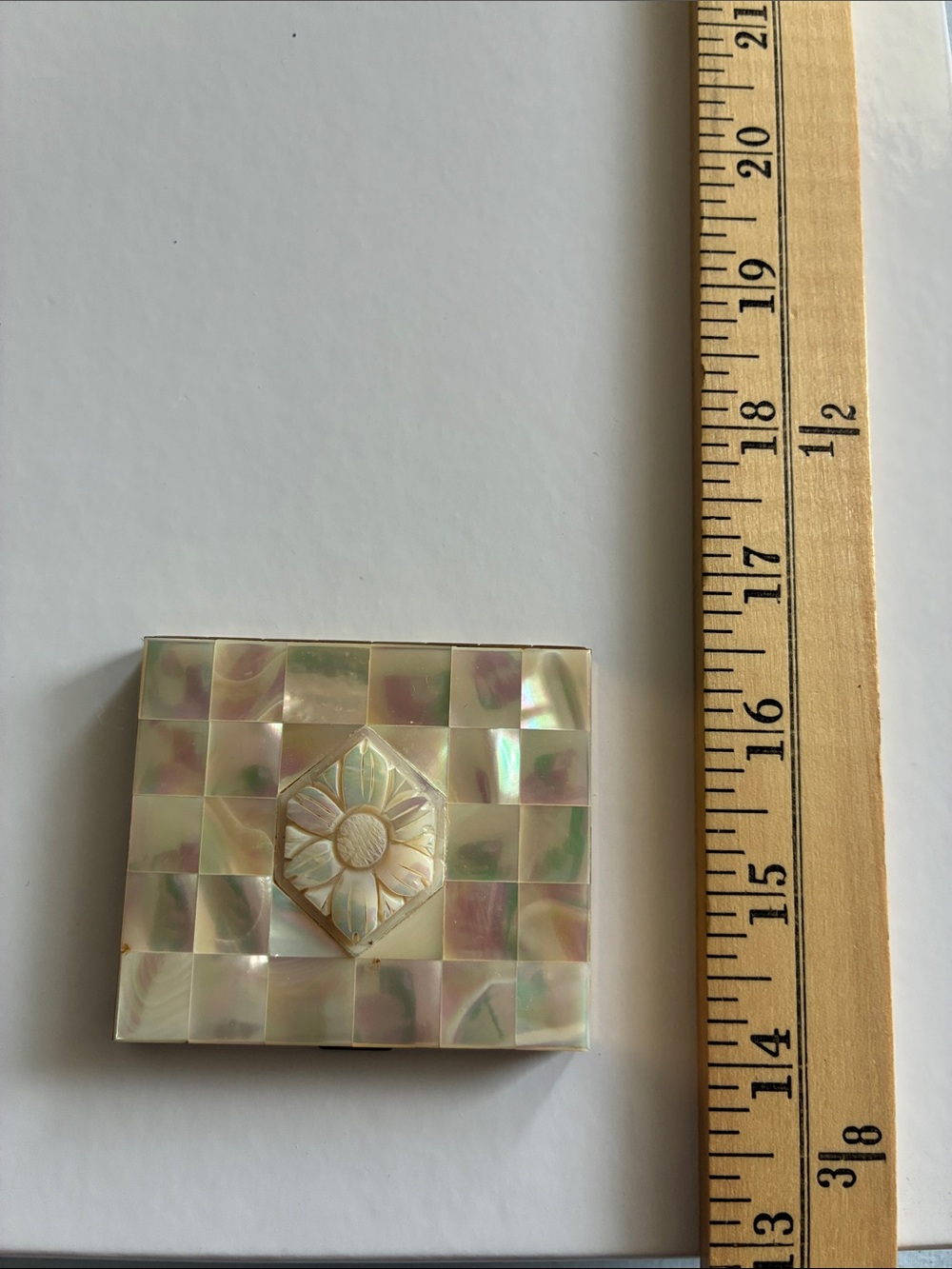 Vintage J. Crew Iridescent Mother-of-Pearl Mosaic Compact Case with Floral Inlay